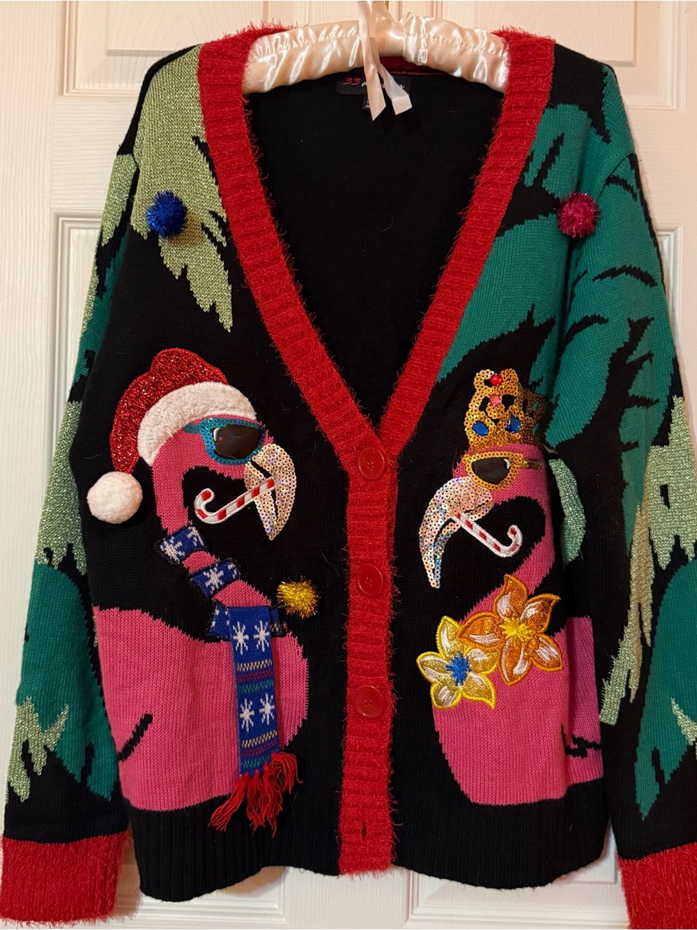 32 Degrees Black Holiday Flamingo Cardigan with Pink & Green Accents